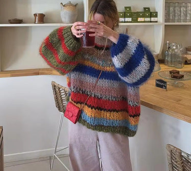 Women's Cozy Knit Sweater with Flared Sleeves and Colorful Stripe Pattern Lune London