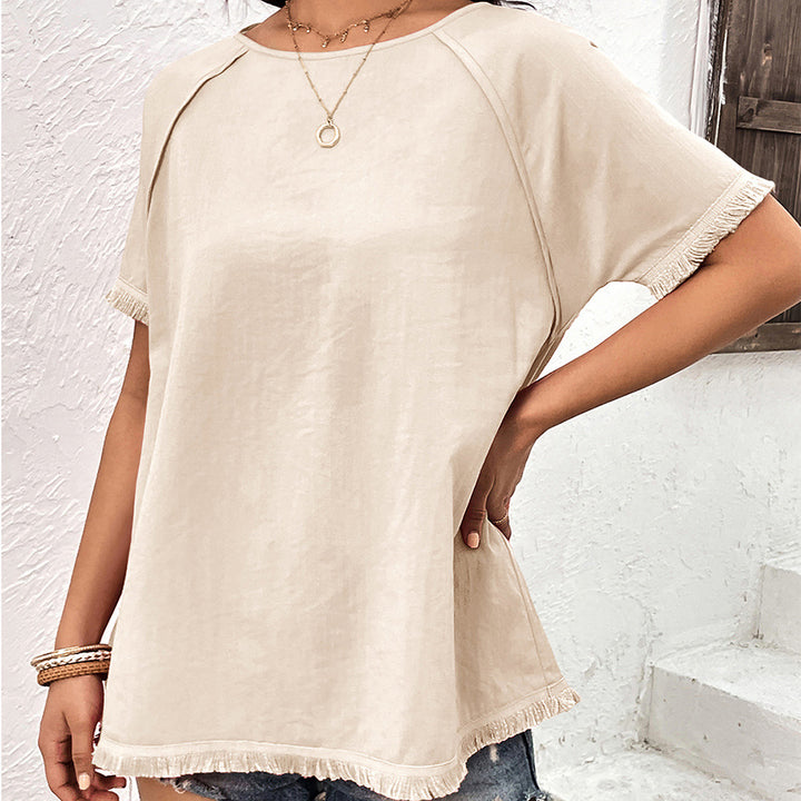 Casual t-shirt for women with fringed sleeves and a round collar Lune London