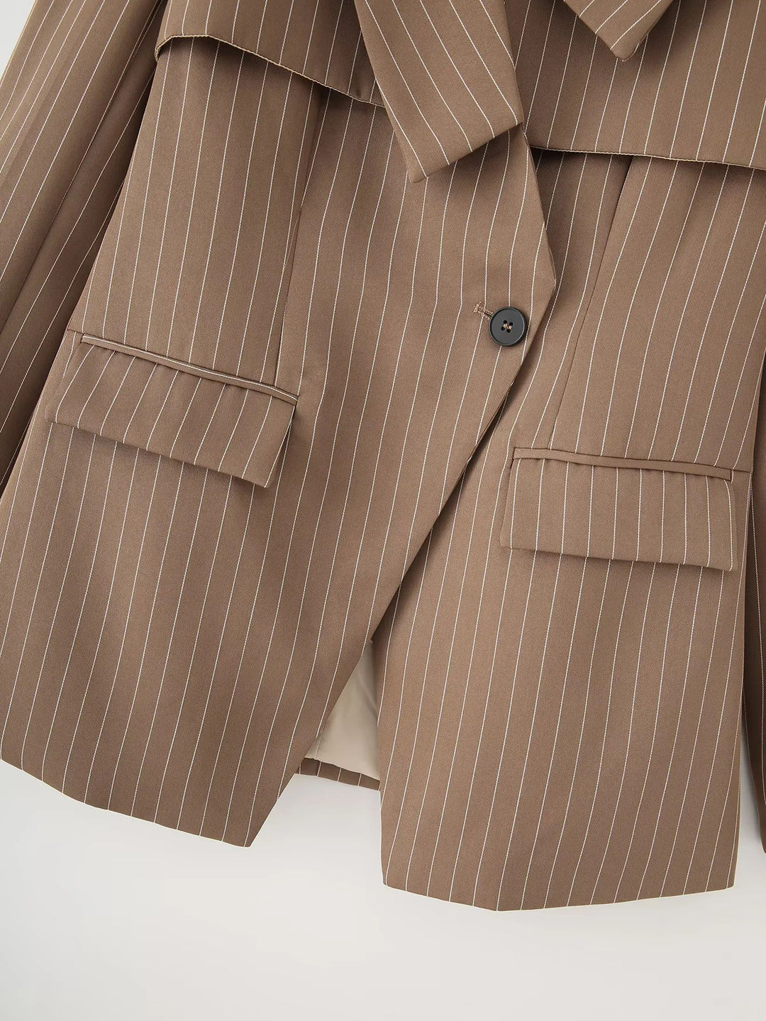 Fashion blazer jacket for women with asymmetrical collar and elegant fine stripes Lune London