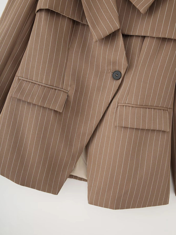 Fashion blazer jacket for women with asymmetrical collar and elegant fine stripes Lune London