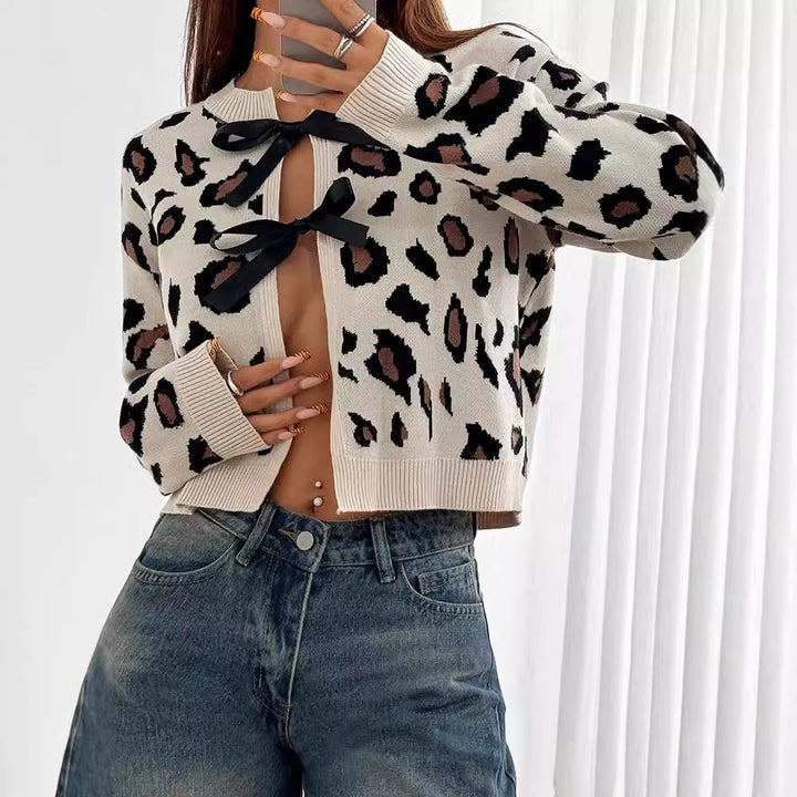 Ladies Elegant Style leopard knitted vest with ties Lune London