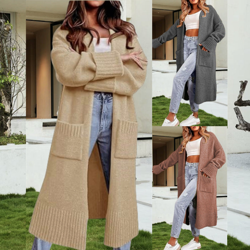 Ladies Long Knit Cardigan with ribbed sleeves and practical pockets Lune London