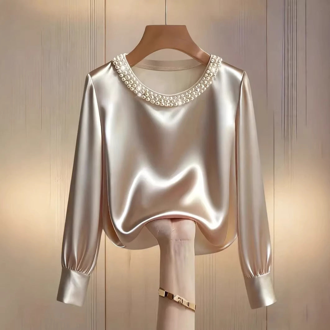 Ladies elegant satin blouse with pearl collar Lune London