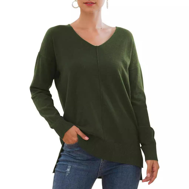 Elegant women's sweater with V-neck and asymmetrical hem Lune London