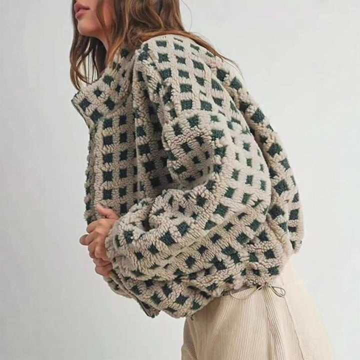 Ladies Plush Patterned Coat with High Collar and Soft Lining Lune London