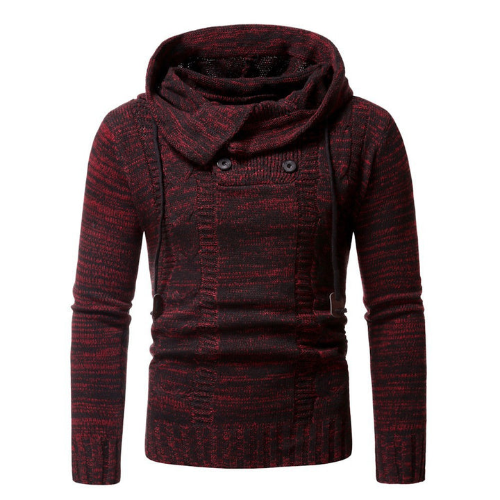 Trendy knitted sweater for men with a soft hooded collar and decorative button details Lune London