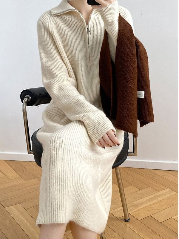 Women's Knit Dress with Zipper and Ribbed Texture Lune London