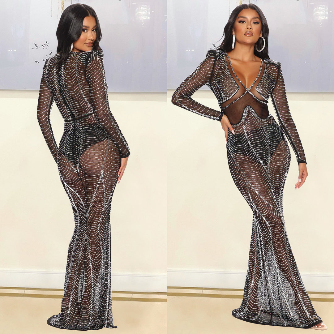 Evening dress for women in mesh with rhinestone embellishments Lune London