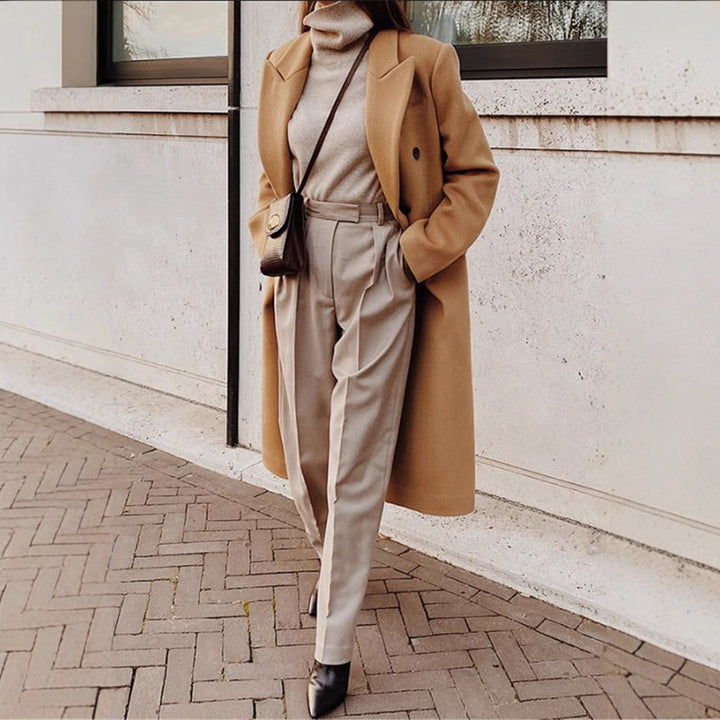 Ladies Long Wool Coat with Double-breasted and Wide Lapel Lune London