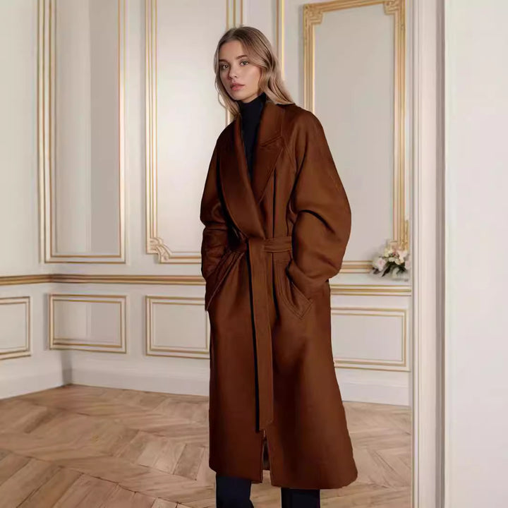 Elegant long coat for women with wide lapels and belt Lune London