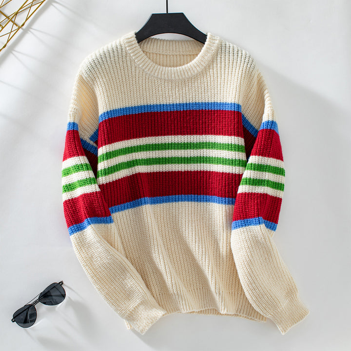 Casual knitted sweater for women with colorful stripes and a round neck Lune London
