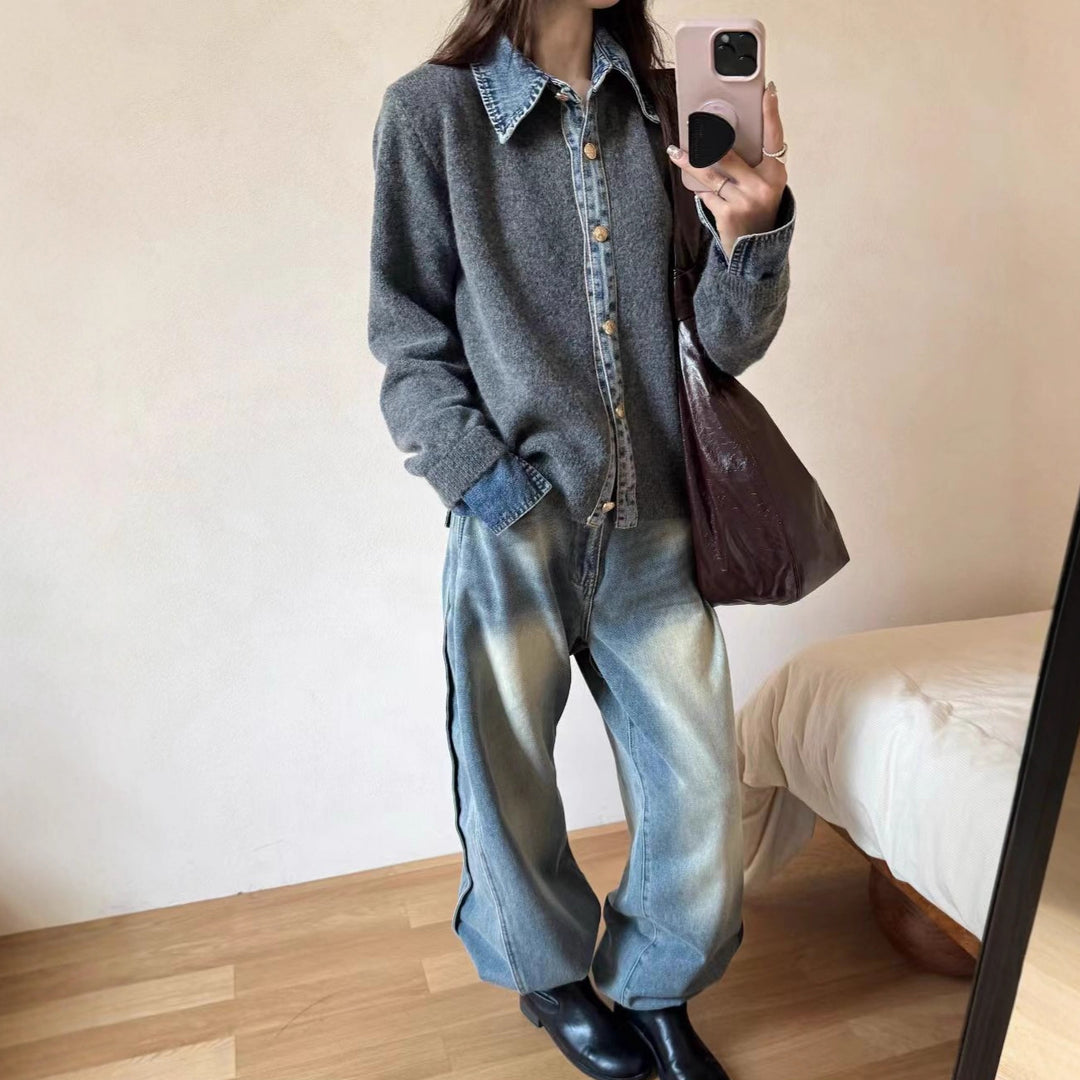 Chemise overshirt décontractée pour femmes avec un col en denim inhabituel et des détails de boutons Chic & Stil