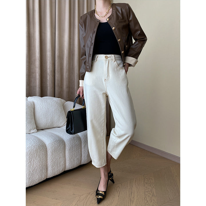 Ladies fashionable faux leather jacket with diagonal cuts Chic & Stil