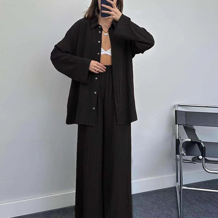 Plus size casual shirt set for women and chic wide leg pants