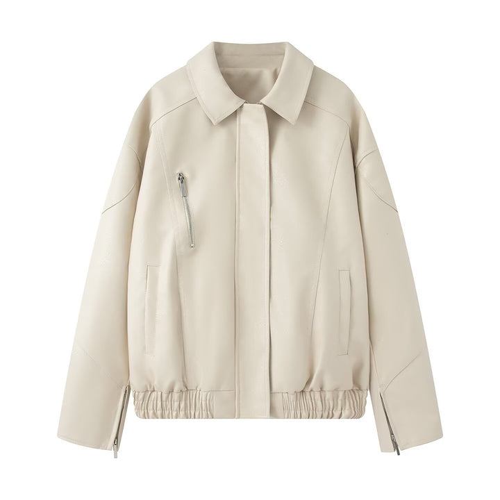 Faux leather jacket for women, with a modern high collar and elastic hem Lune London