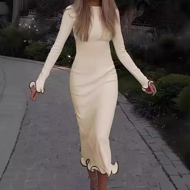 Ladies Elegant Midi Dress with Long Sleeves and Playful Chic Hem and Style