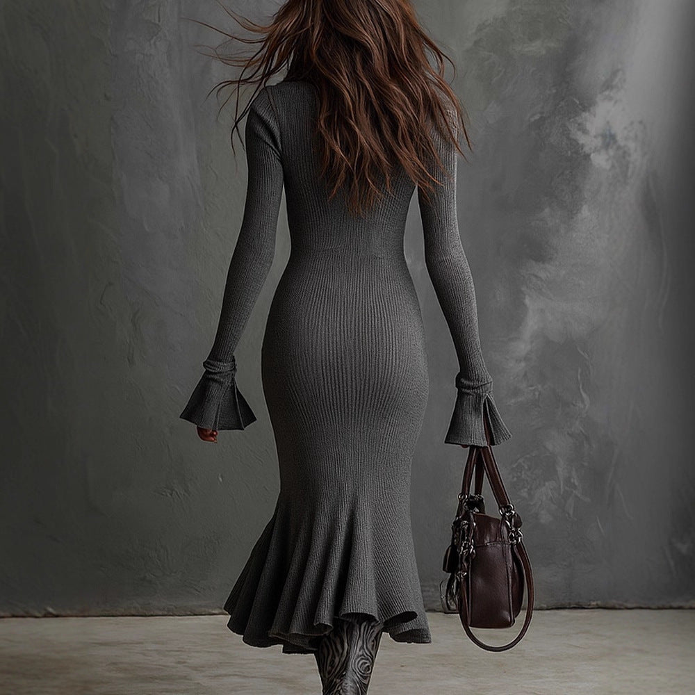 Knitted dress for women with elegant high collar and zipper Lune London