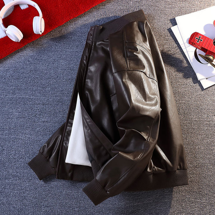 Men's faux leather bomber jacket with elastic ribbed edges and practical pockets Lune London