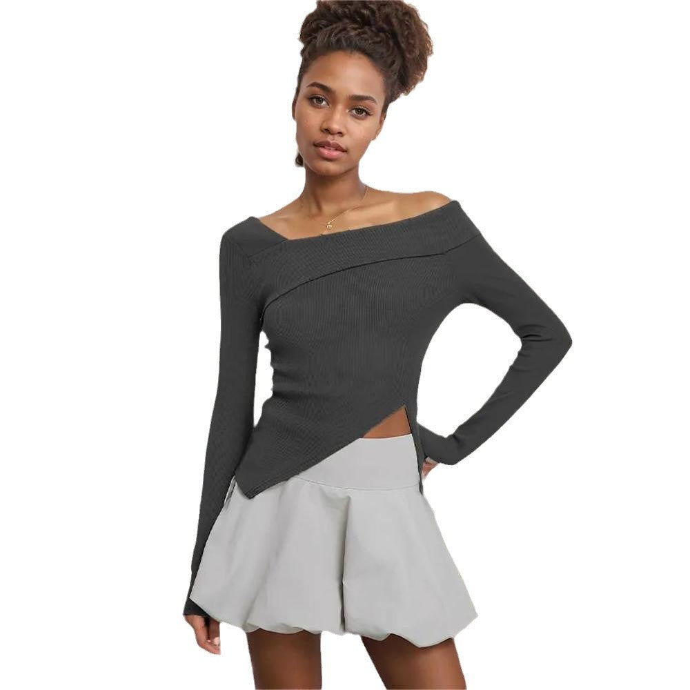 Asymmetrical long sleeve shirt for women with elegant wrap design Chic & Stil