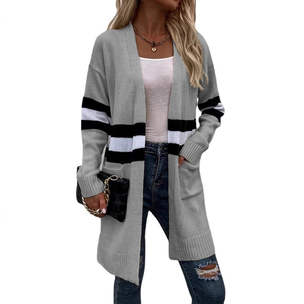 Fashionable striped knit cardigan for women with open front Lune Londonl