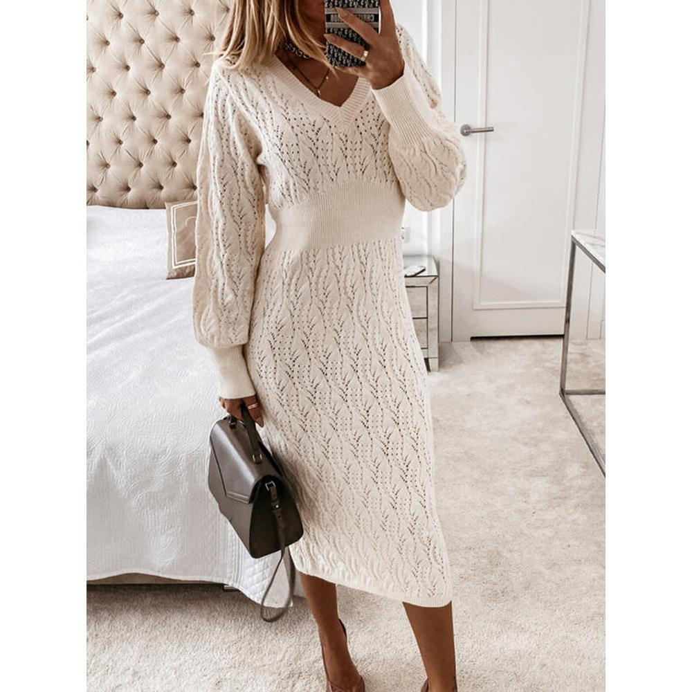 Knitted dress for women with semi-transparent pattern and elegant V-neck Lune London