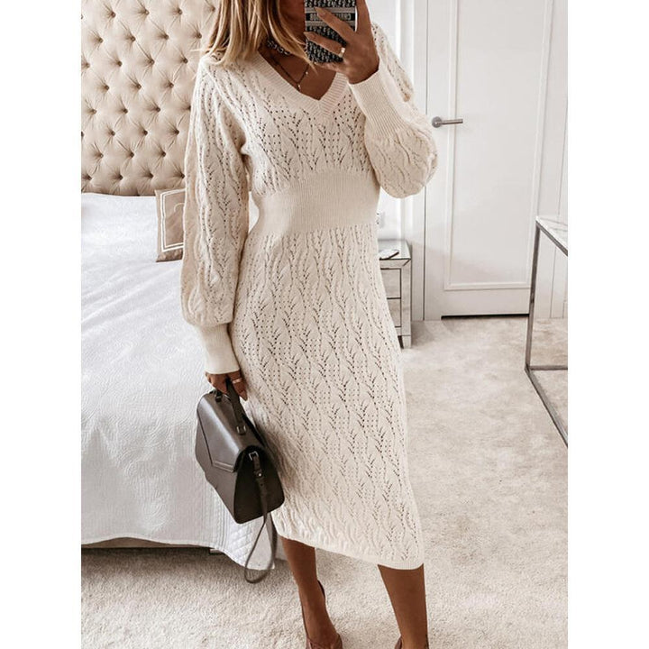 Knitted dress for women with semi-transparent pattern and elegant V-neck Lune London