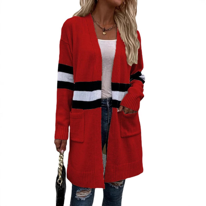 Women Open Knit Sweater with a Modern Striped Pattern and Practical Pockets Lune London