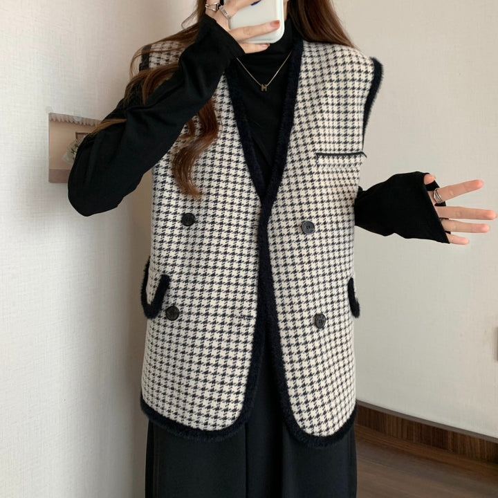 Gilet tricoté élégant pour femme avec motif à carreaux et design de poche pratique Chic & Stil
