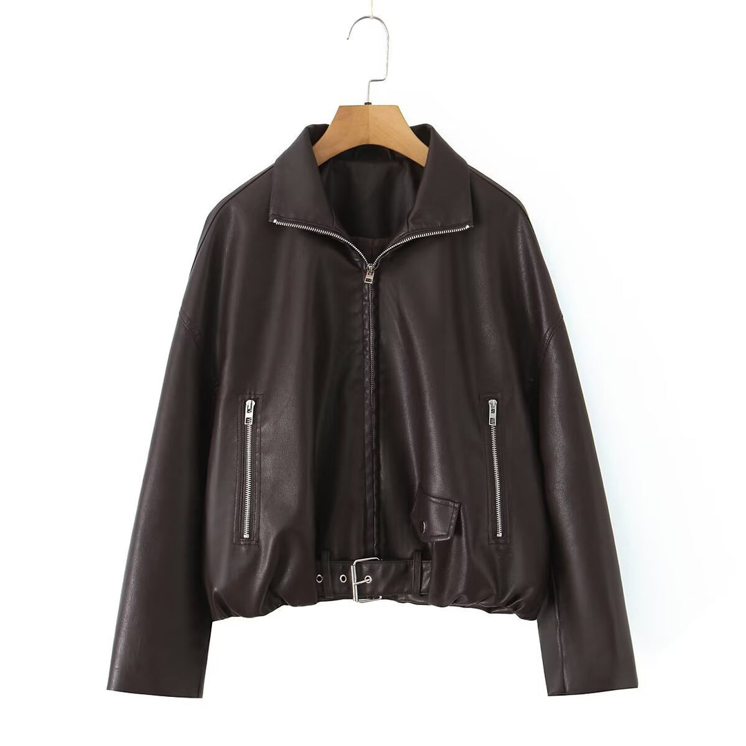Cropped faux leather jacket for women with striking high collar and practical zip pockets Lune London