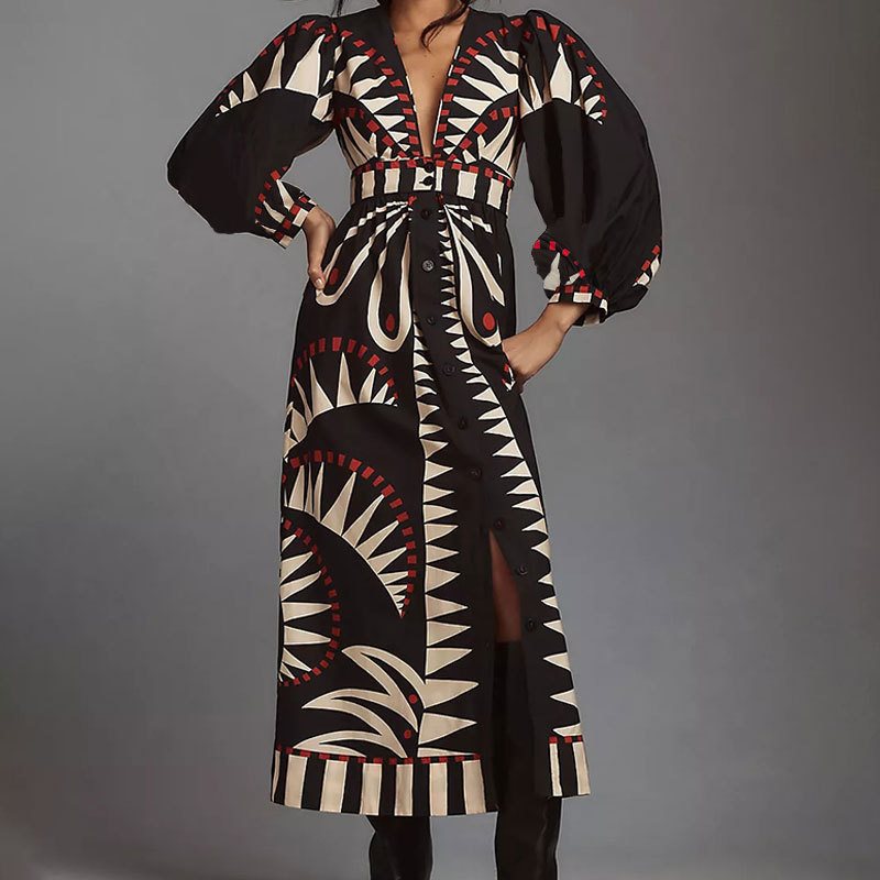 Maxi dress for women with an original geometric pattern and an elegant button placket Lune London