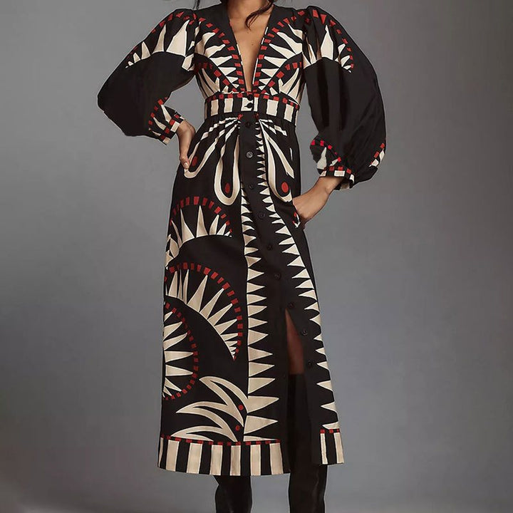 Maxi dress for women with an original geometric pattern and an elegant button placket Lune London