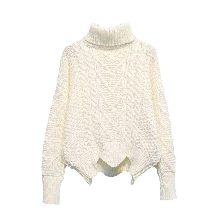 Thick knit pullover for women with high collar and cable pattern Lune London