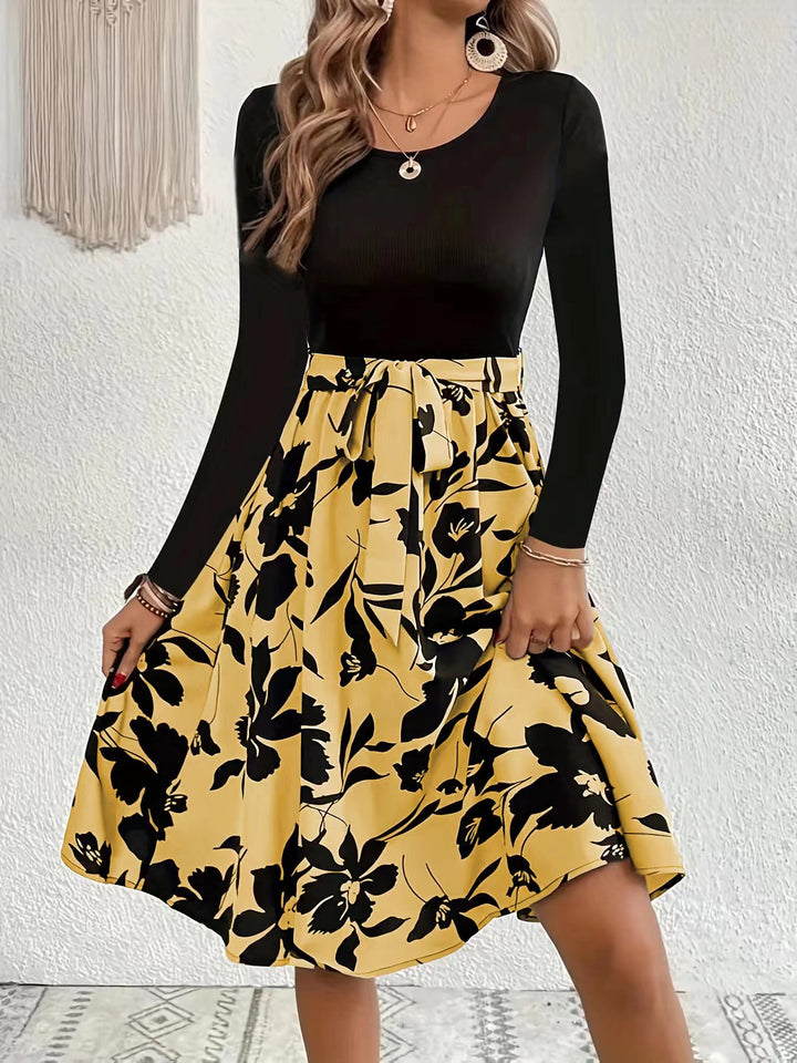Ladies Elegant Midi Dress with Floral Print and Smocked Top Lune London