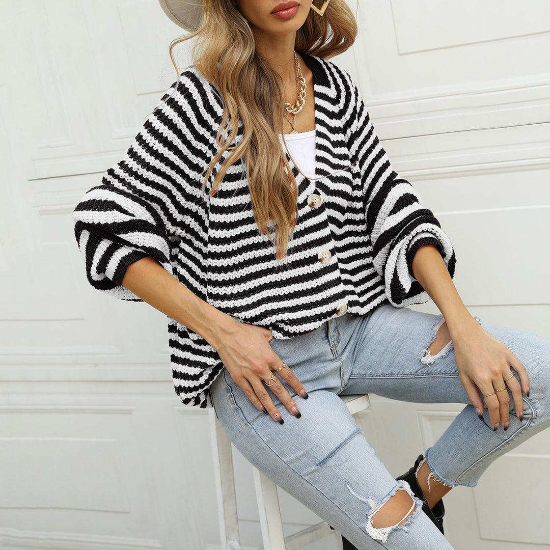 Ladies long sleeve knit cardigan with a modern striped pattern and buttons Lune London