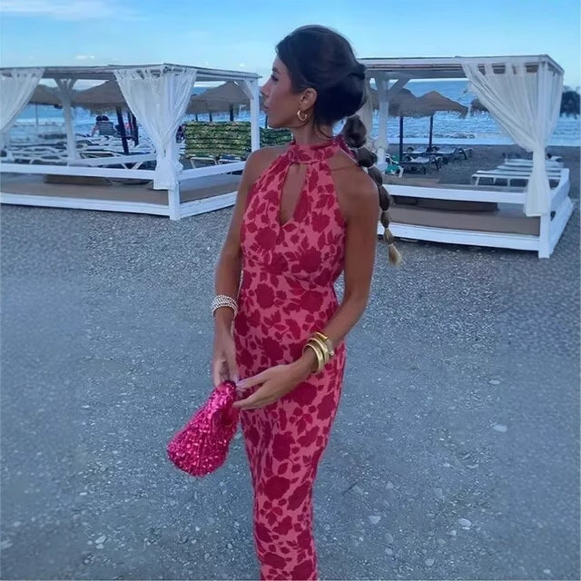 Maxi dress for women with floral design and elegant back neckline Lune London