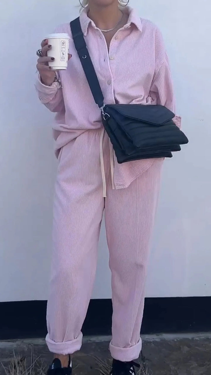Casual ribbed velvet set for women with button placket and practical pockets Lune London