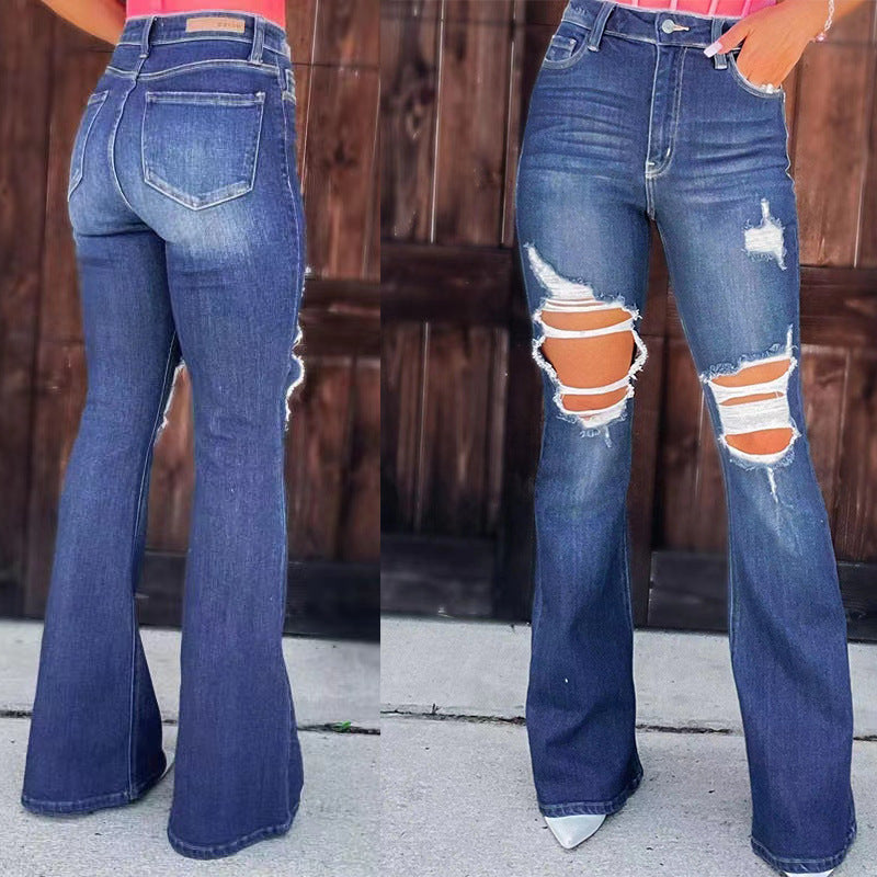 Jeans évasés pour femmes au look détruit avec poches hautes et ourlet effiloché Chic & Stil