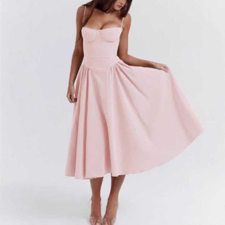 Mid-length dress for women with strapless design and voluminous pleated skirt Lune London