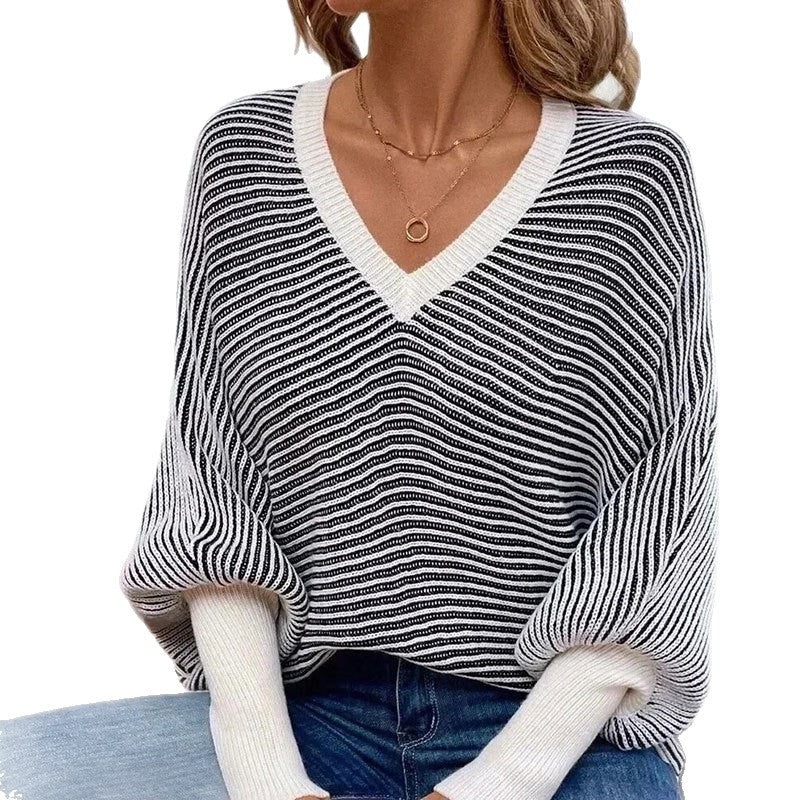 Pull en tricot pour femmes au look moderne rayé avec col en V Chic & Stil