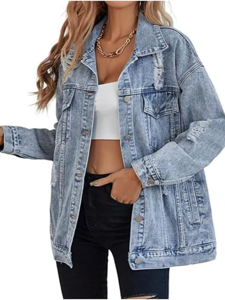 Casual oversized denim jacket for women with distressed details and high-quality metal buttons Lune London