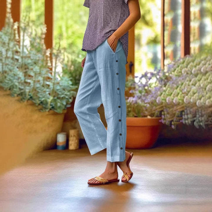 Comfortable linen pants for women with button details Lune London