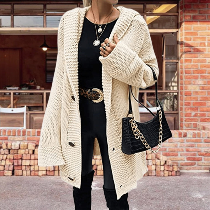 Open-knit sweater jacket for women with an elegant structured pattern and practical pockets Lune London