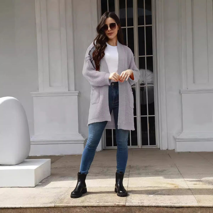 Casual knitted coat for women with open front panels and deep pockets Lune Londonl