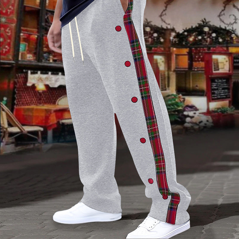 Lune London men's casual sports pants with side buttons and plaid pattern