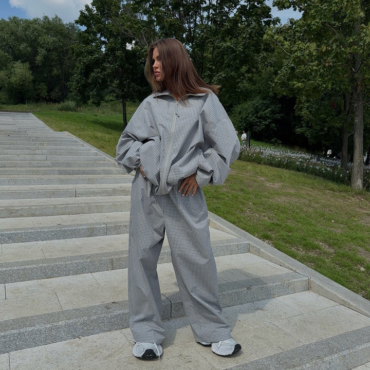 Ladies Oversized Checkered Pattern Tracksuit Lune London