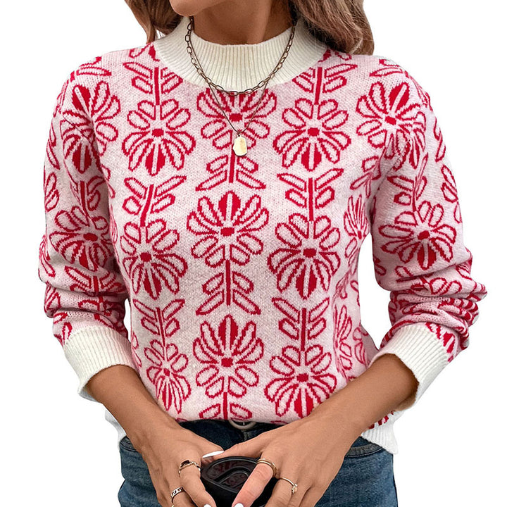 Knit sweater for women with floral patterns and an elegant high collar Lune London