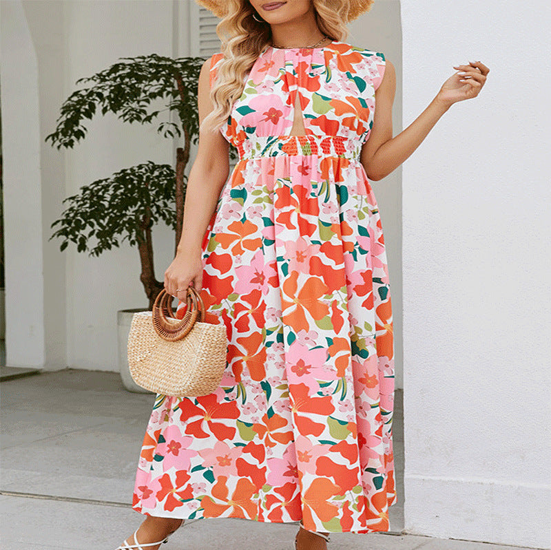 Maxi dress for women with floral design and elastic belt Lune London