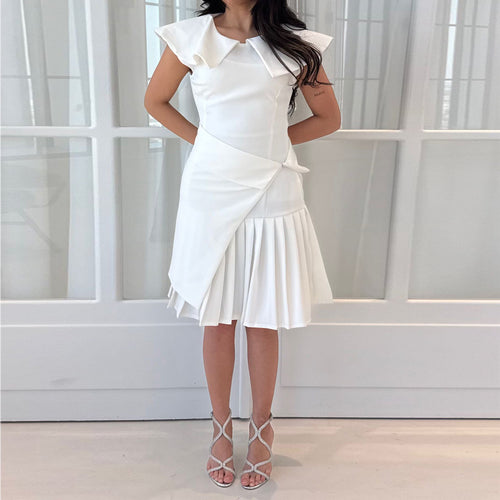 Women's wrap dress with pleated hem and elegant collar details Lune London