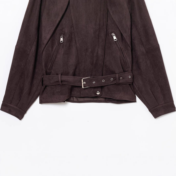 Ladies Elegant Suede Jacket with Trendy Buckles and Chic Practical Pockets
