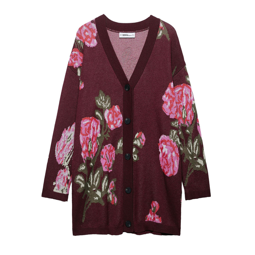 Knit jacket for women with floral pattern and deep V-neck Lune London